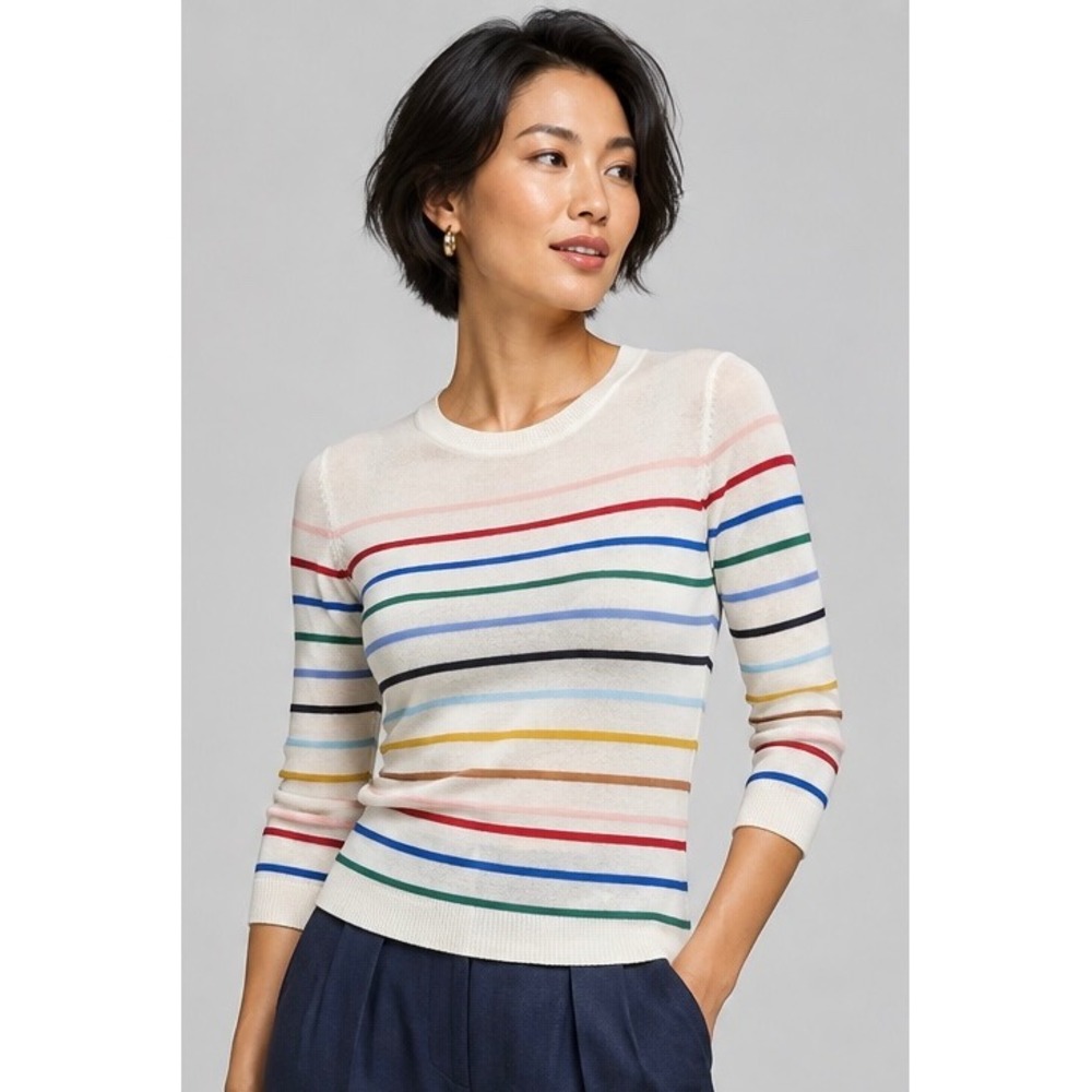 Talbots Womens S Ivory Rainbow Multi Stripe Cotton Cashmere Crewneck Sweater